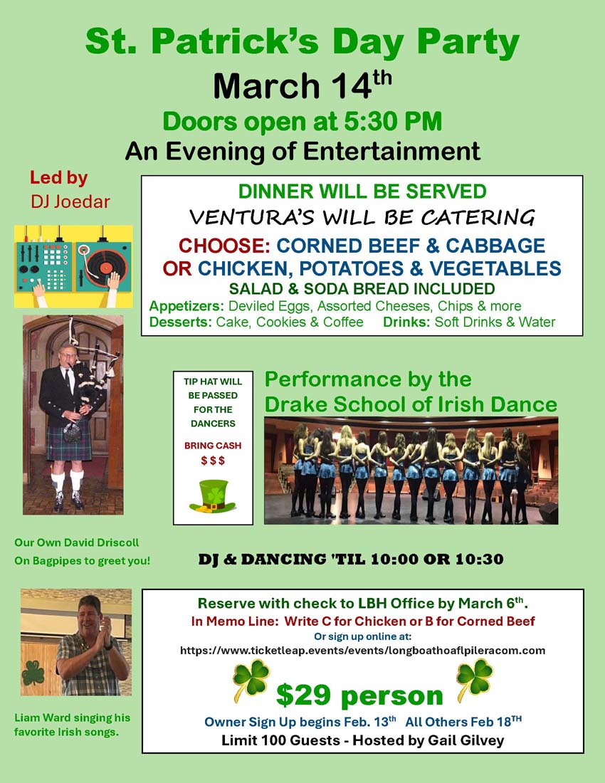 ST Patric's Day party March 14, rec hall