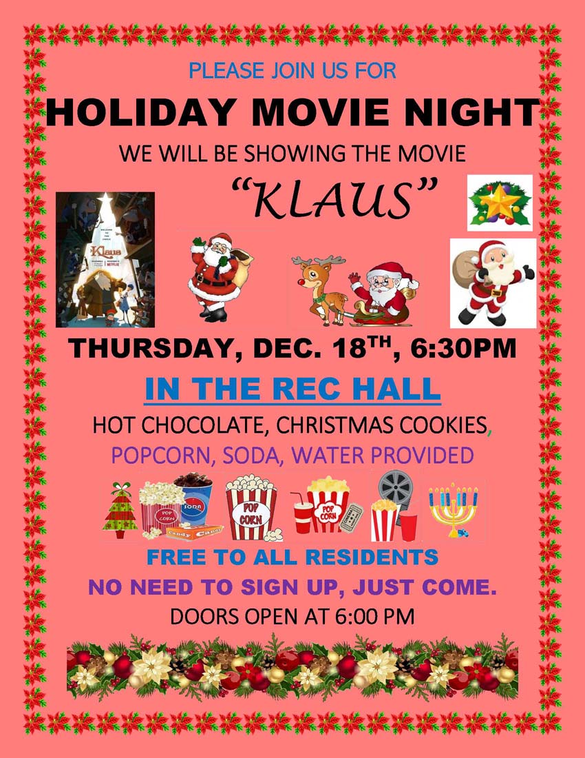 Holiday Movie Night Dec. 18 6:30 in Rec Hall, Free