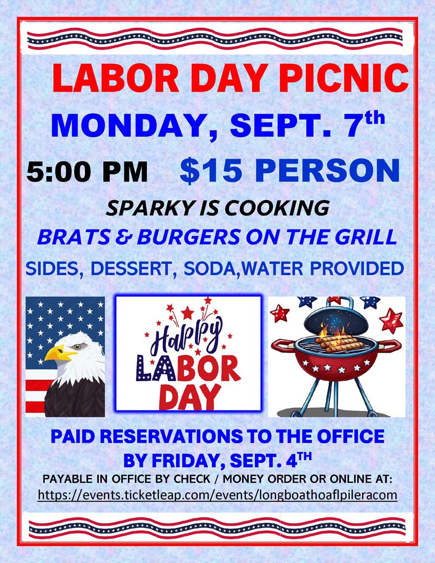Labor Day Party, 5 PM, Rec Hall, $15/person Sept 7
