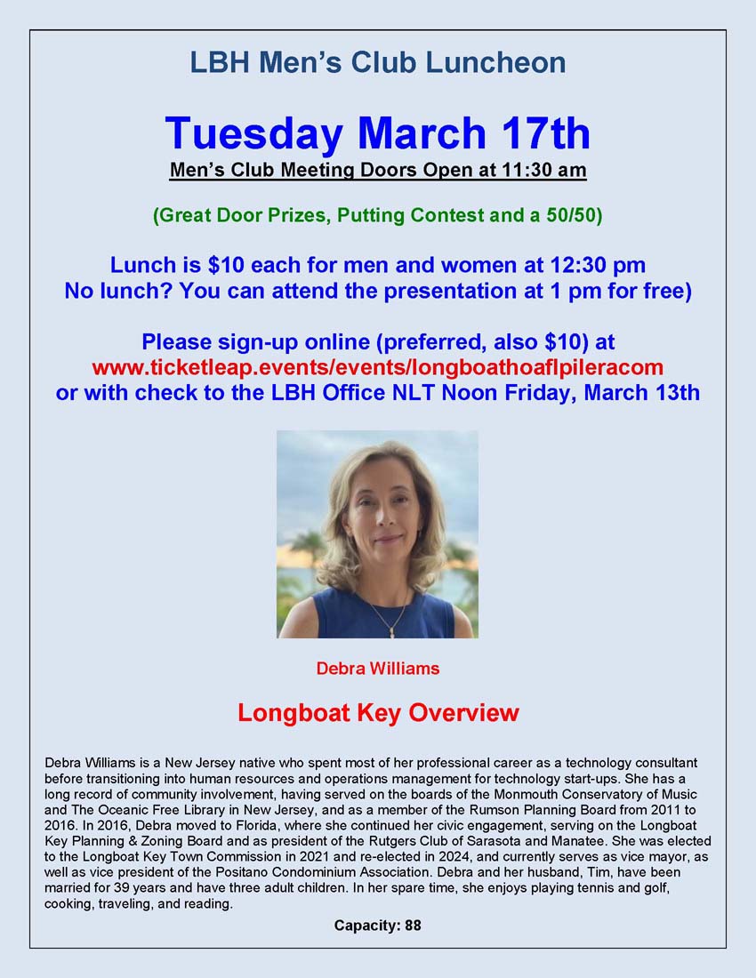 Men's Club Lunch March 17, $10