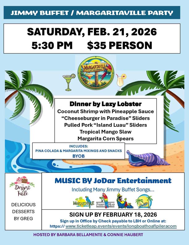Jimmy Buffet Party Feb 21, $35, Food by Lazy Lobster